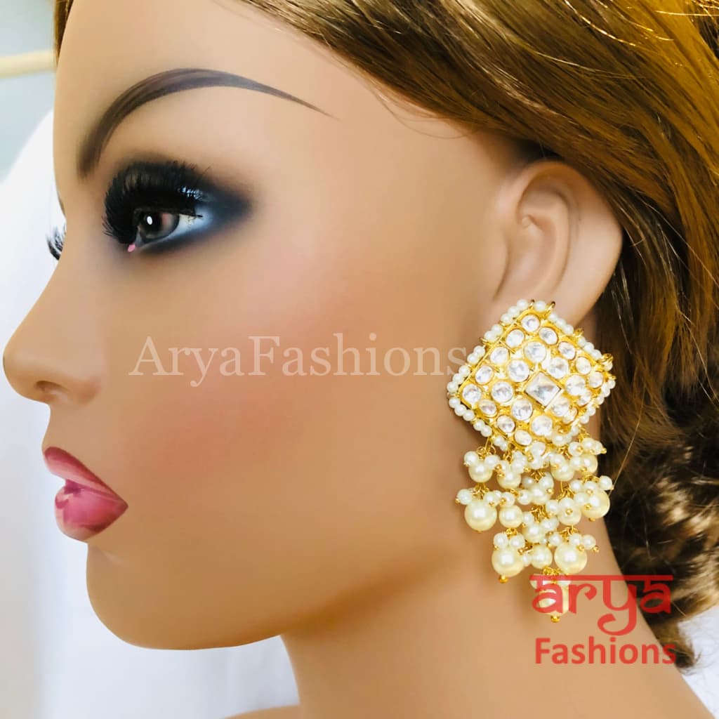 Mahira Pacchi Kundan Chandbali Earrings with Pearl Beads