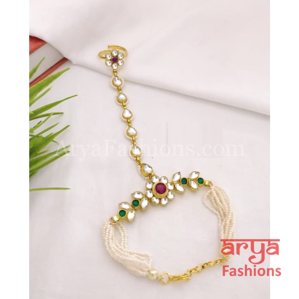 Mahira Pacchi Kundan Hathphool Pair with Pearls