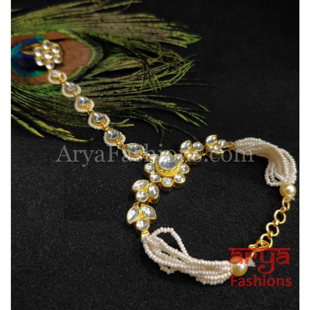 Mahira Pacchi Kundan Hathphool Pair with Pearls