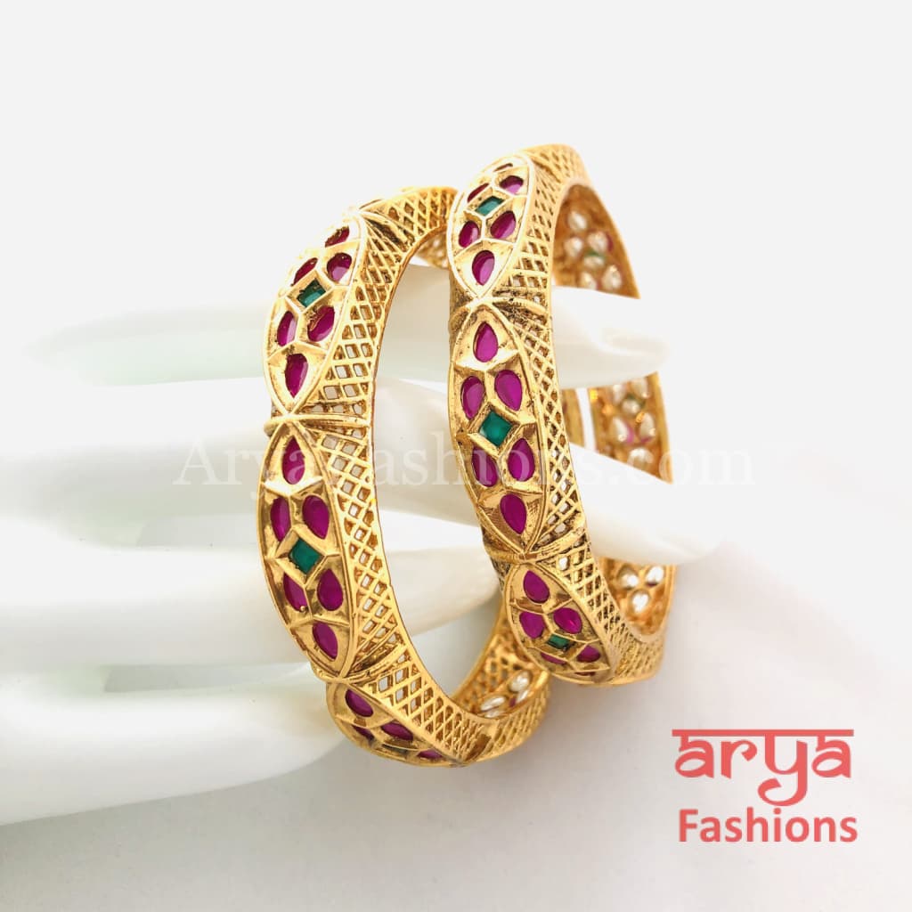 Mahira Ruby Kundan Kada with Emerald stones Pair of 2 Bangles