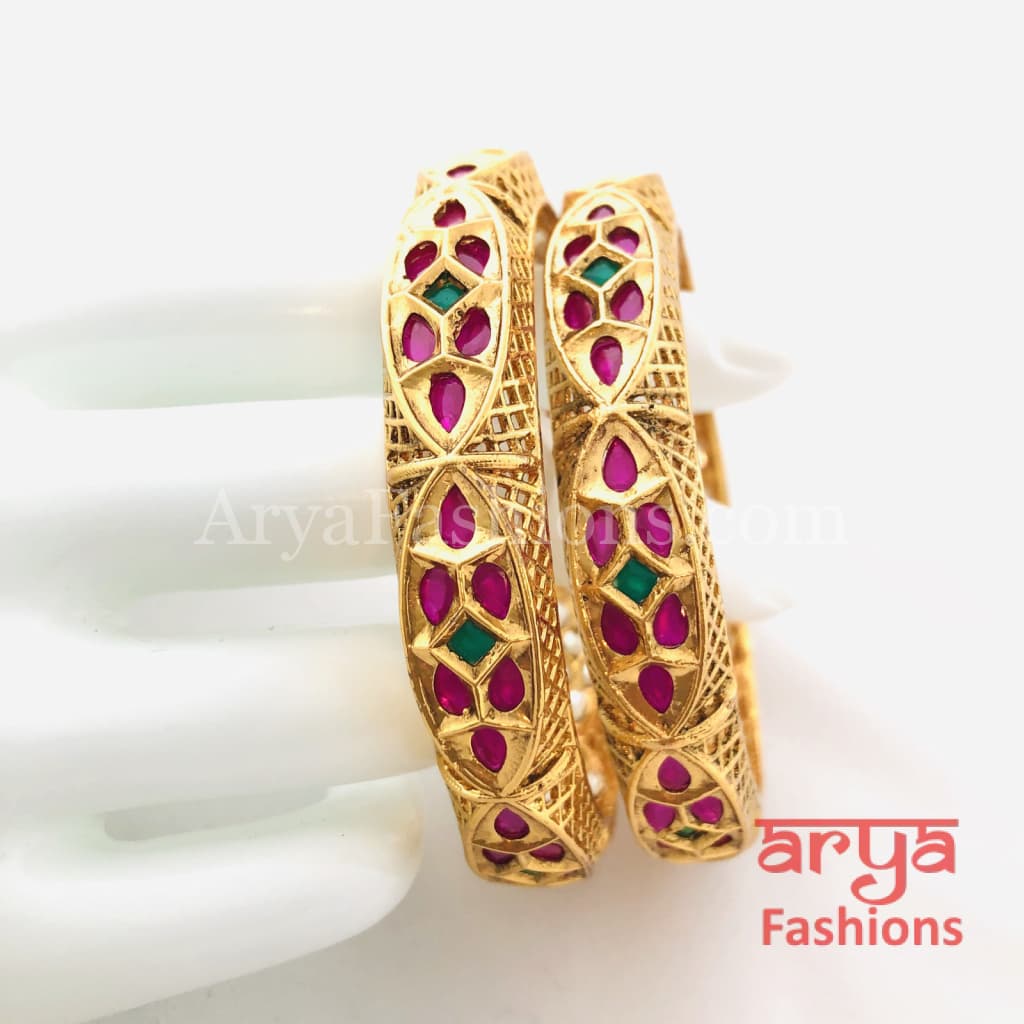 Mahira Ruby Kundan Kada with Emerald stones Pair of 2 Bangles