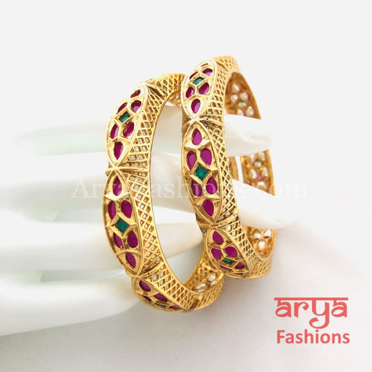 Mahira Ruby Kundan Kada with Emerald stones Pair of 2 Bangles