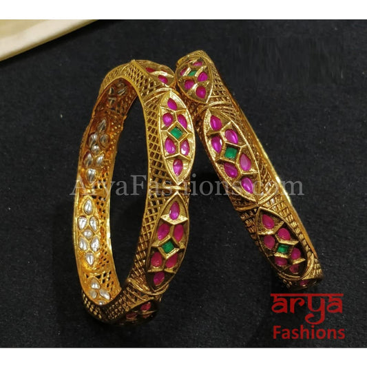 Mahira Ruby Kundan Kada with Emerald stones Pair of 2 Bangles