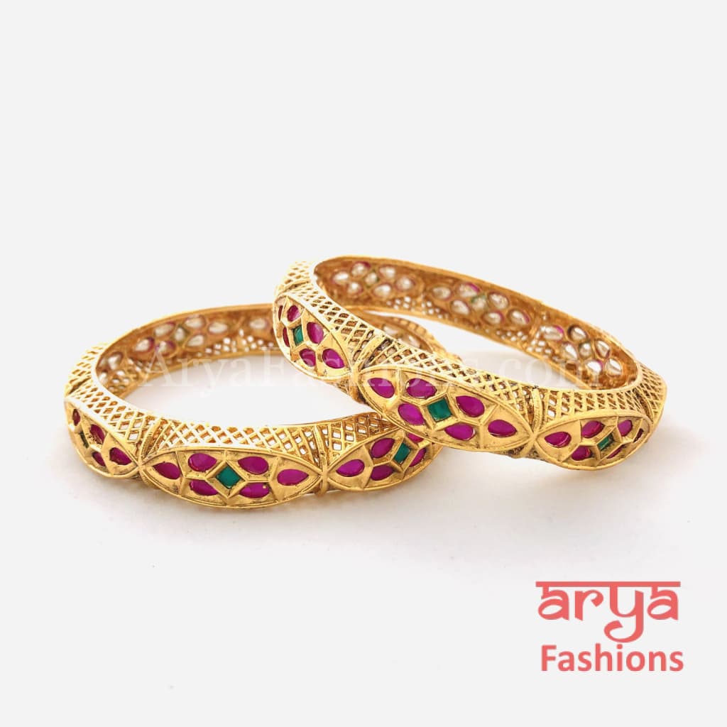 Mahira Ruby Kundan Kada with Emerald stones Pair of 2 Bangles