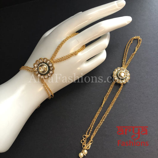 Mahira Statement Pacchi Kundan Hathphool Pair with Pearls