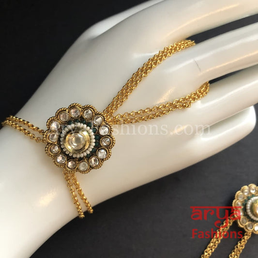 Mahira Statement Pacchi Kundan Hathphool Pair with Pearls