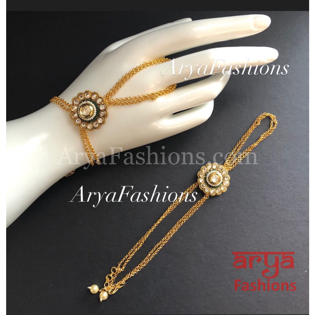 Mahira Statement Pacchi Kundan Hathphool Pair with Pearls
