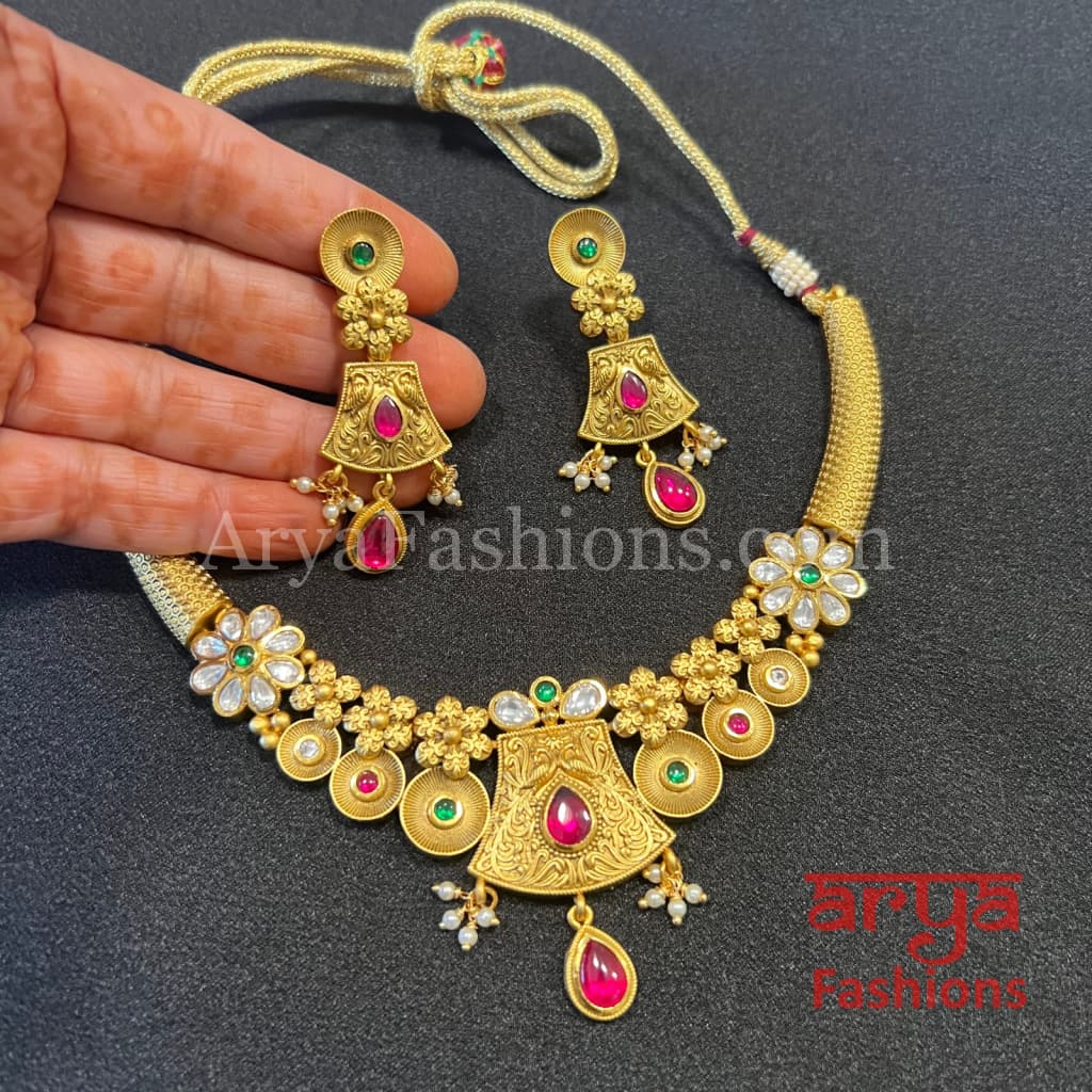 Mani Antique Gold Rajwadi Meenakari Necklace