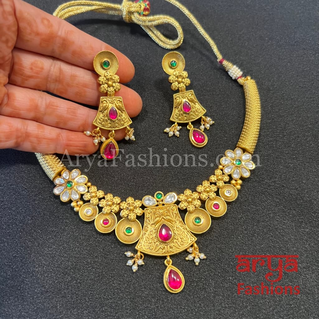 Mani Antique Gold Rajwadi Meenakari Necklace