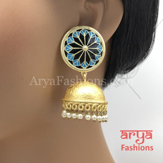 Matte Gold Blue Meenakari Jhumka