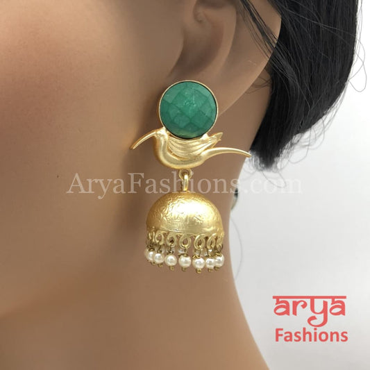 Matte Gold Green Bird Jhumka Earrings