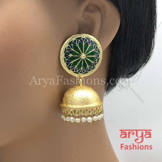 Matte Gold Green Meenakari Jhumka