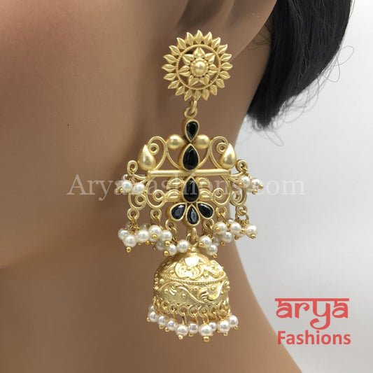 Matte Gold Long Traditional Black Jhumka