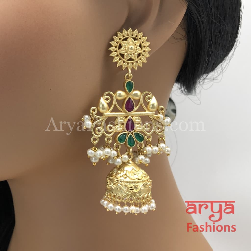 Matte Gold Long Traditional Multicolor Jhumka