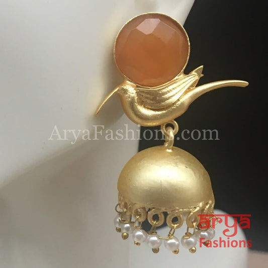 Matte Gold Orange Stone Bird Jhumka