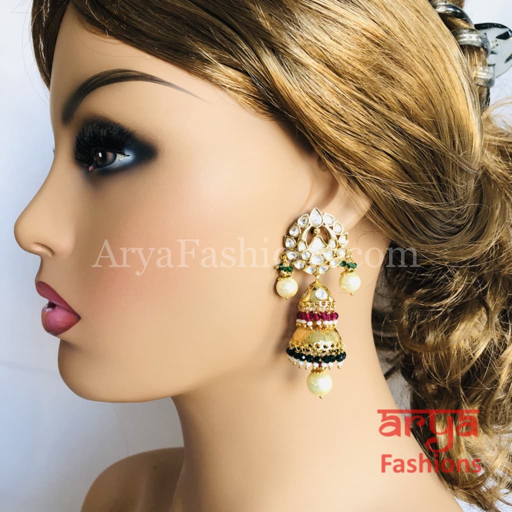 Meenakari Golden Jhumka Earrings with Colorful beads