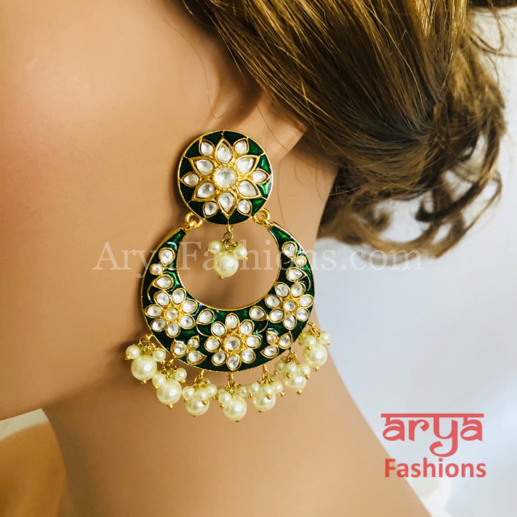Meenakari Kundan Jadau Chandbali Earrings with Pearl beads