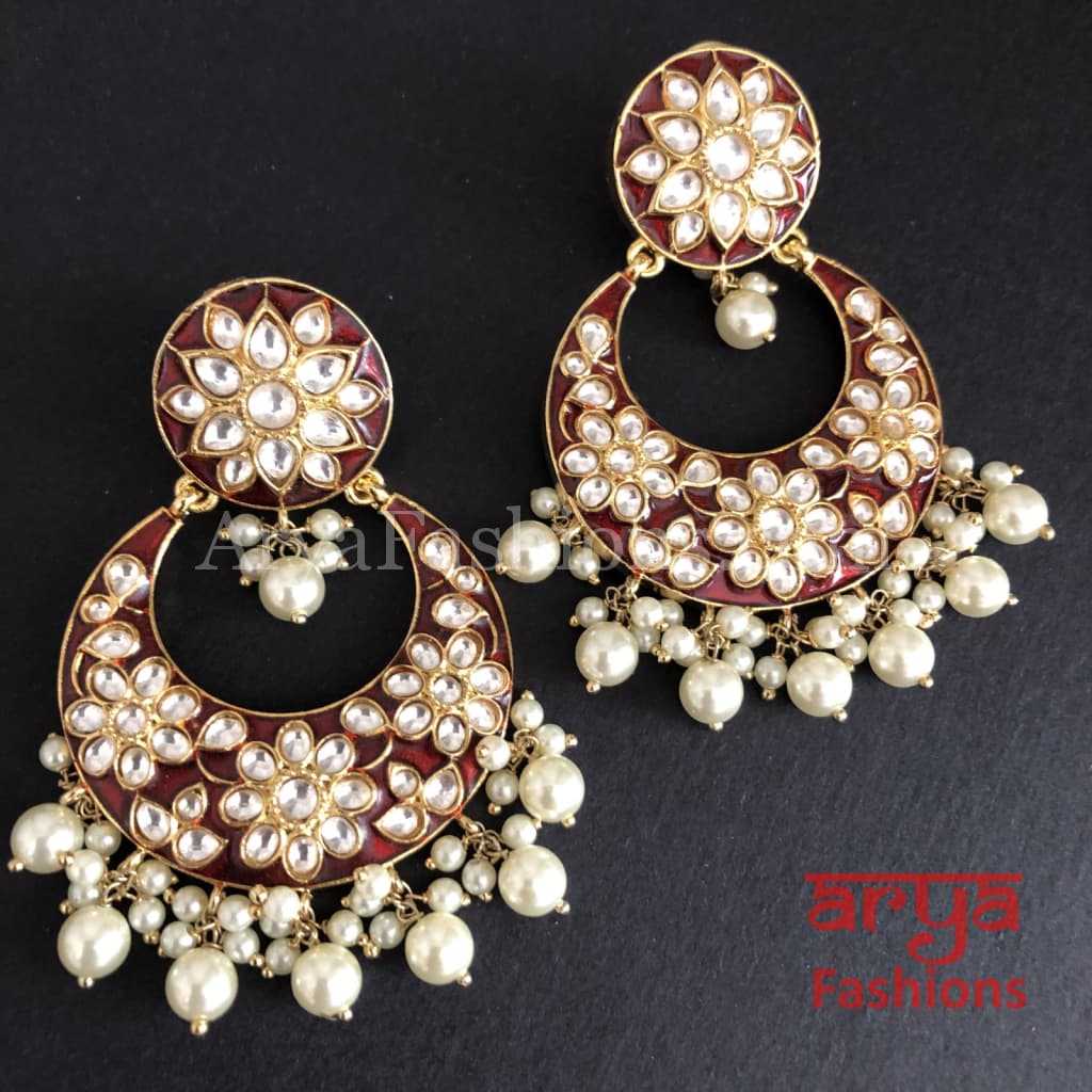 Meenakari Kundan Jadau Chandbali Earrings with Pearl beads