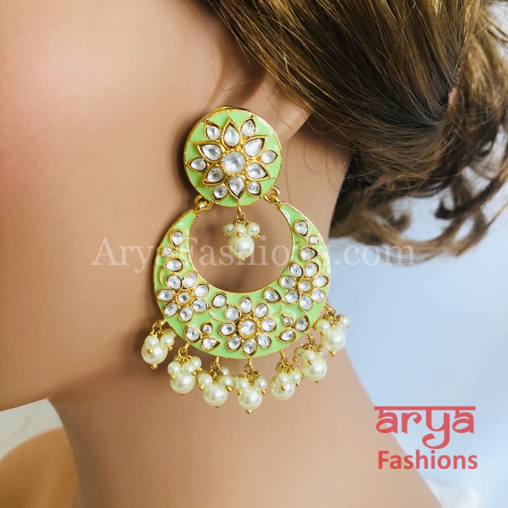 Meenakari Kundan Jadau Chandbali Earrings with Pearl beads