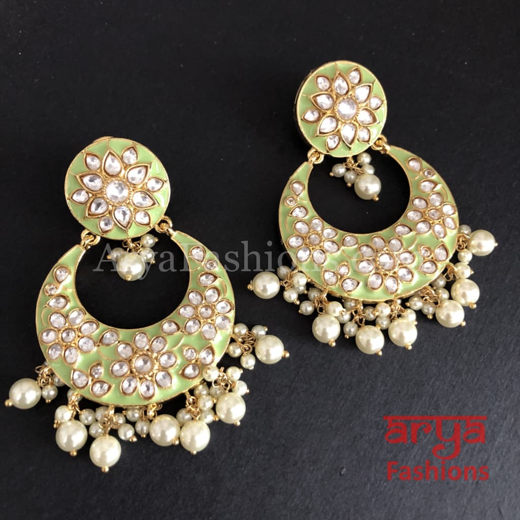 Meenakari Kundan Jadau Chandbali Earrings with Pearl beads