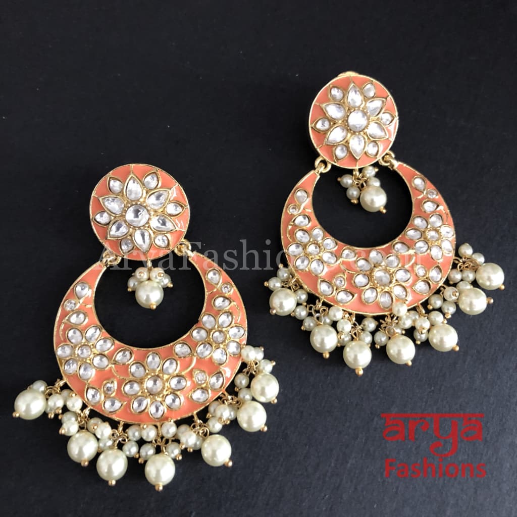 Meenakari Kundan Jadau Chandbali Earrings with Pearl beads