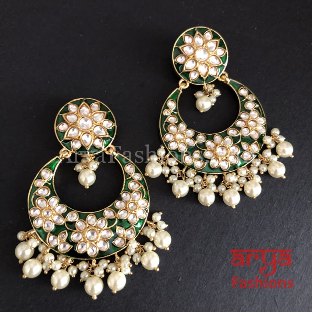 Meenakari Kundan Jadau Chandbali Earrings with Pearl beads