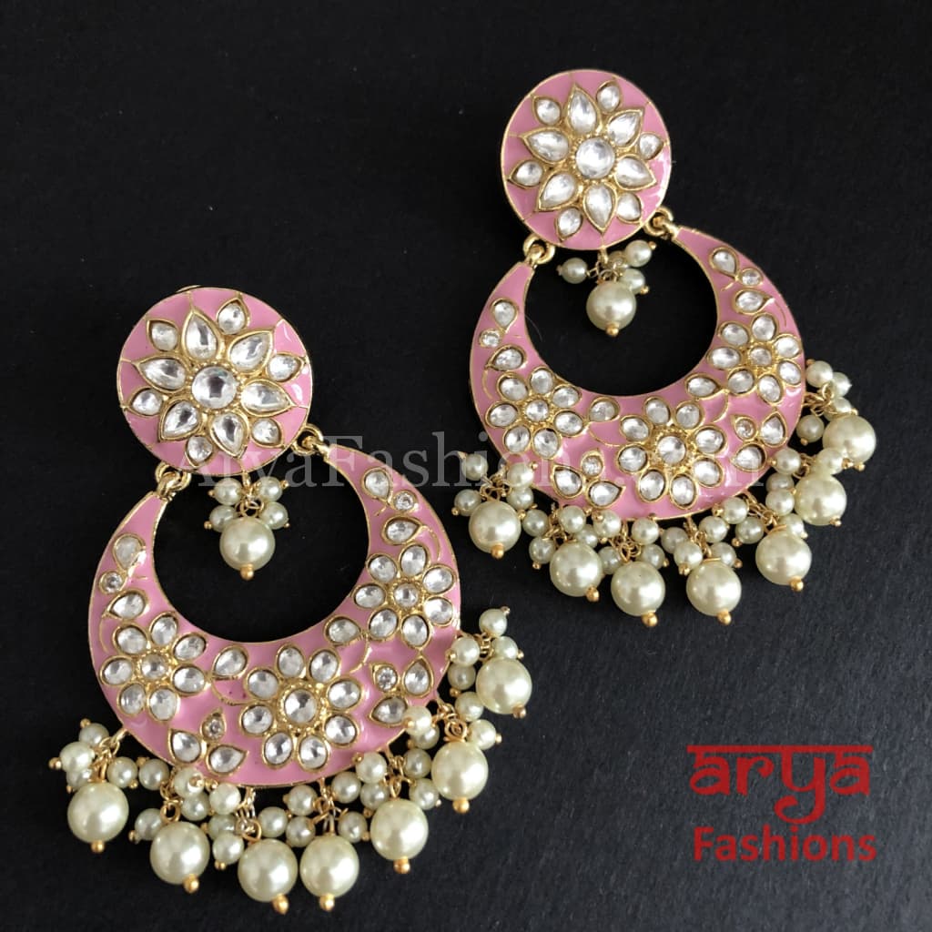 Meenakari Kundan Jadau Chandbali Earrings with Pearl beads