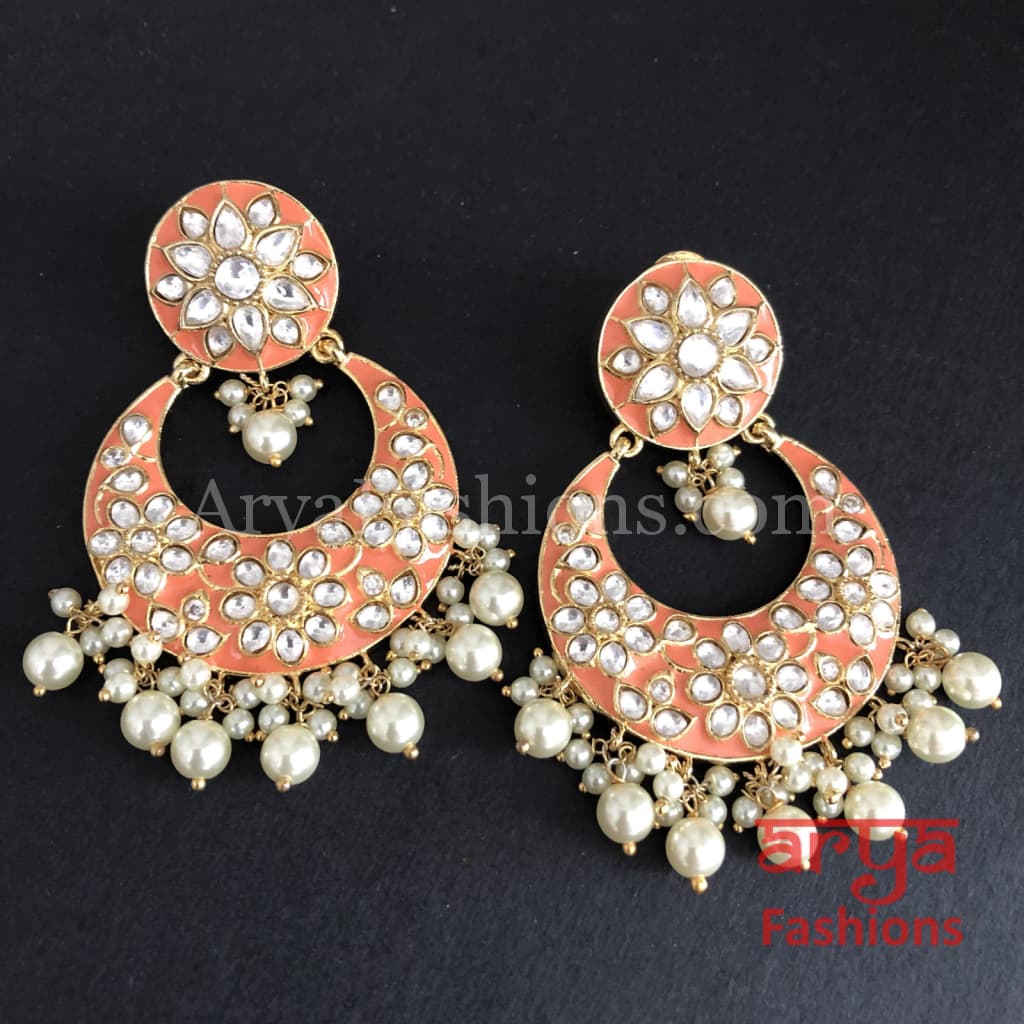 Meenakari Kundan Jadau Chandbali Earrings with Pearl beads