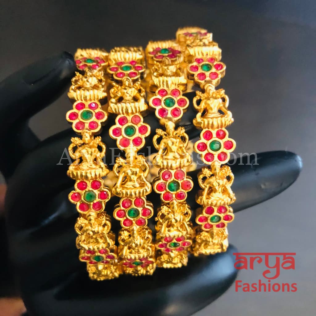 Meera Temple Jewelry Bangles / Rajwadi Jadau Kada with Pink Green stones