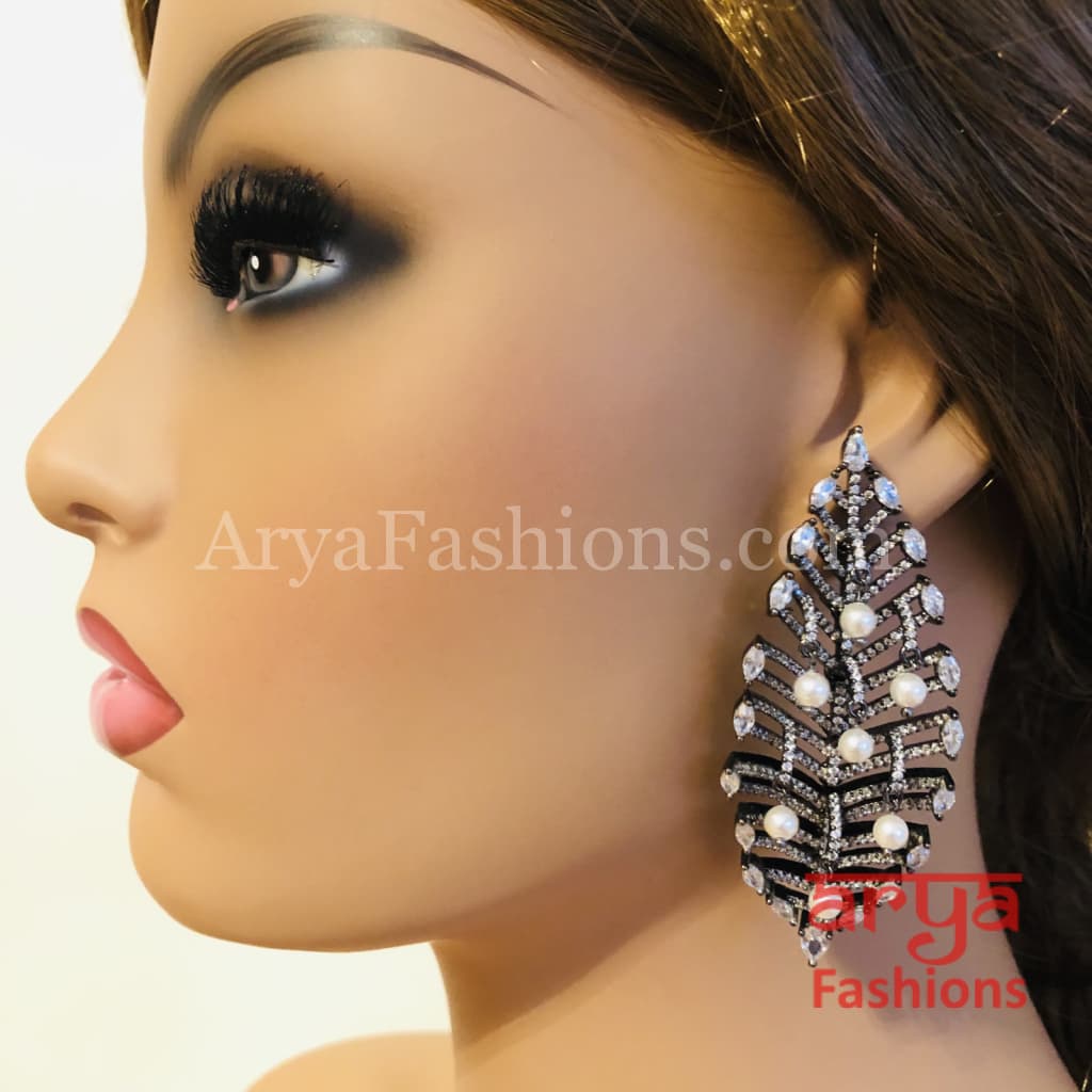 Megan Victorian Black Cubic Zirconia earrings in Leaf Theme