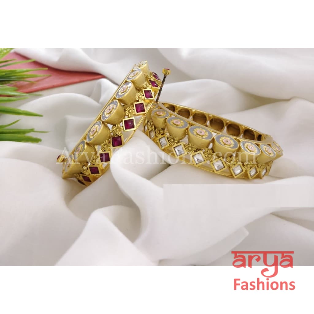 Minerva Jadau Rajwadi Kundan Kada Meenakari Bangles with stones