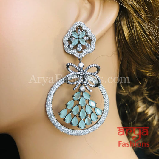Mint Green CZ Cocktail Earrings in Victorian Finish / Silver Cubic Zirconia