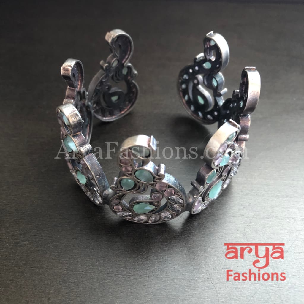 Mint Green Openable Cuff Bracelet/ Oxidized Silver Ethnic Indian Tribal Bracelet