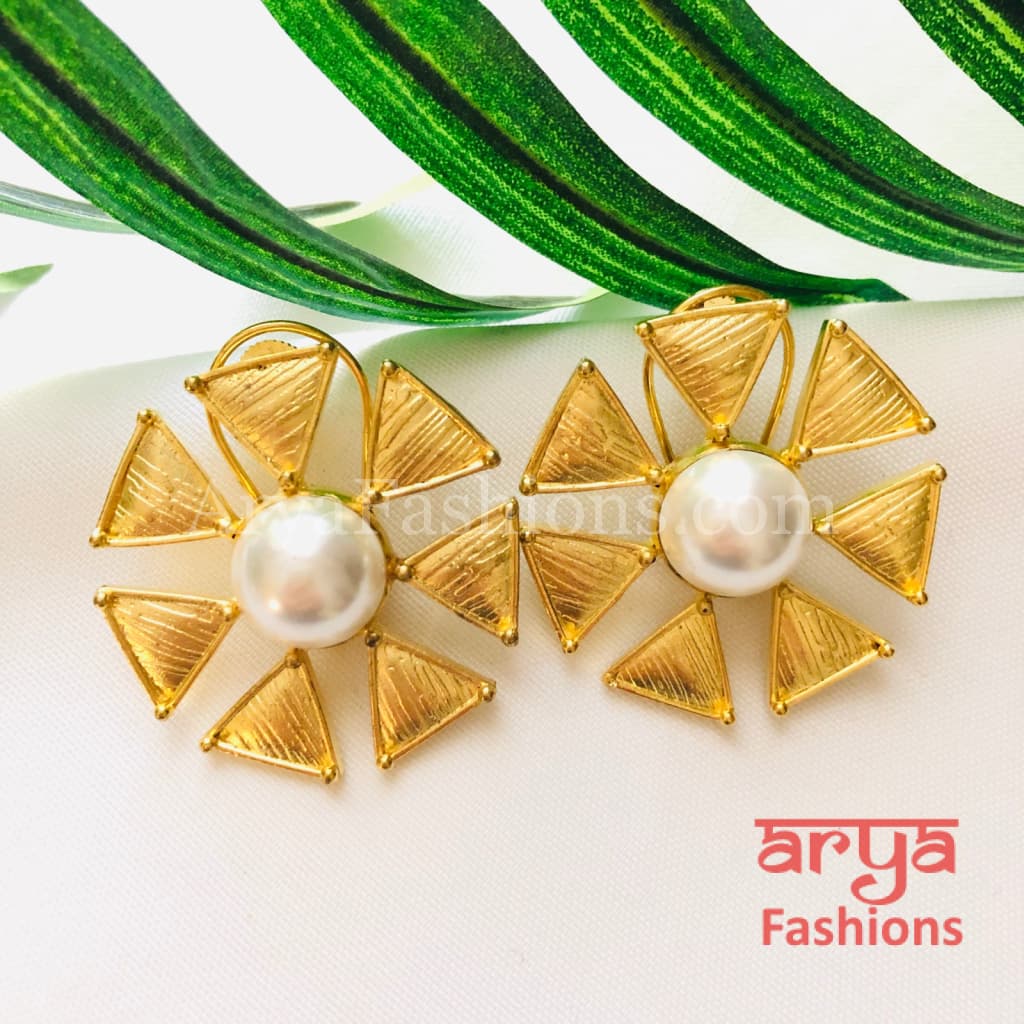 Misha Golden Flower Stud/ Stud Earrings/Mother of Pearl Earrings