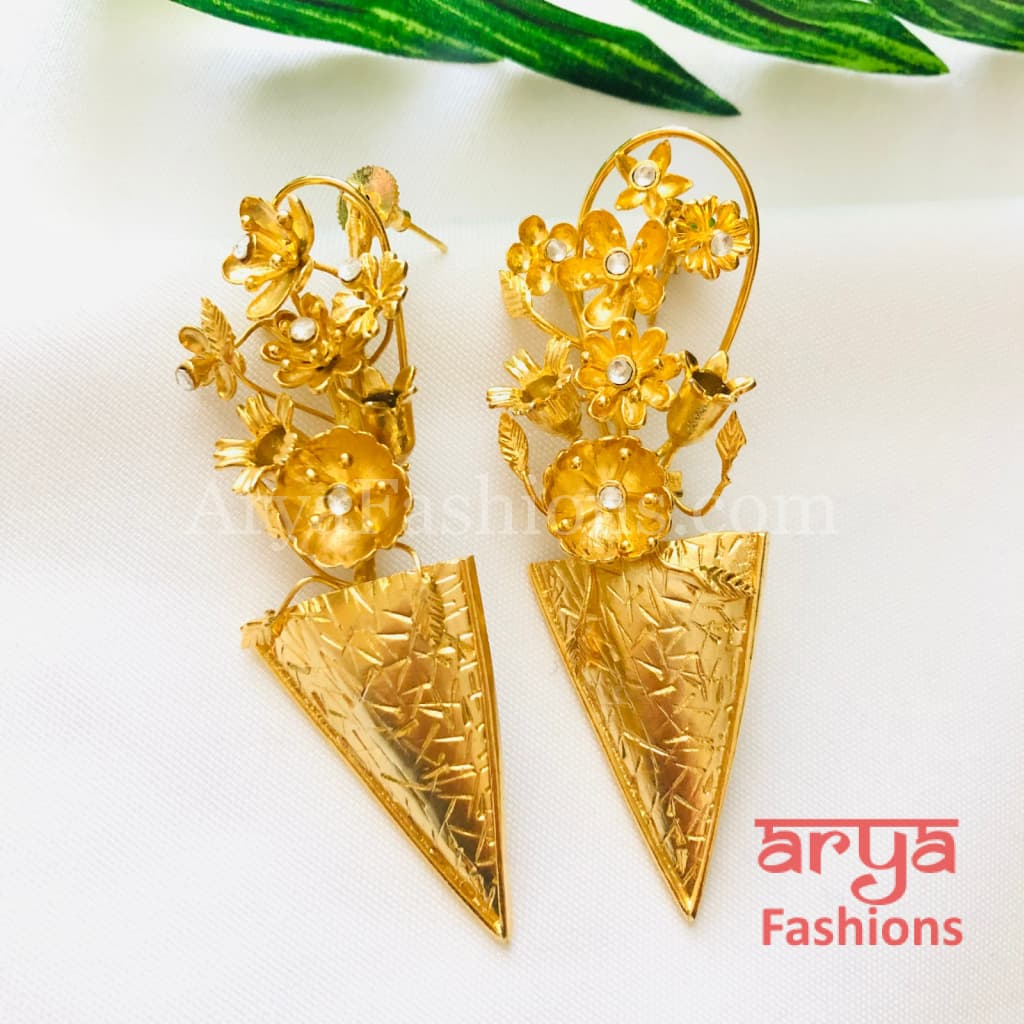 Misha Golden Long Fusion Earrings/ Chipped Flower Earrings