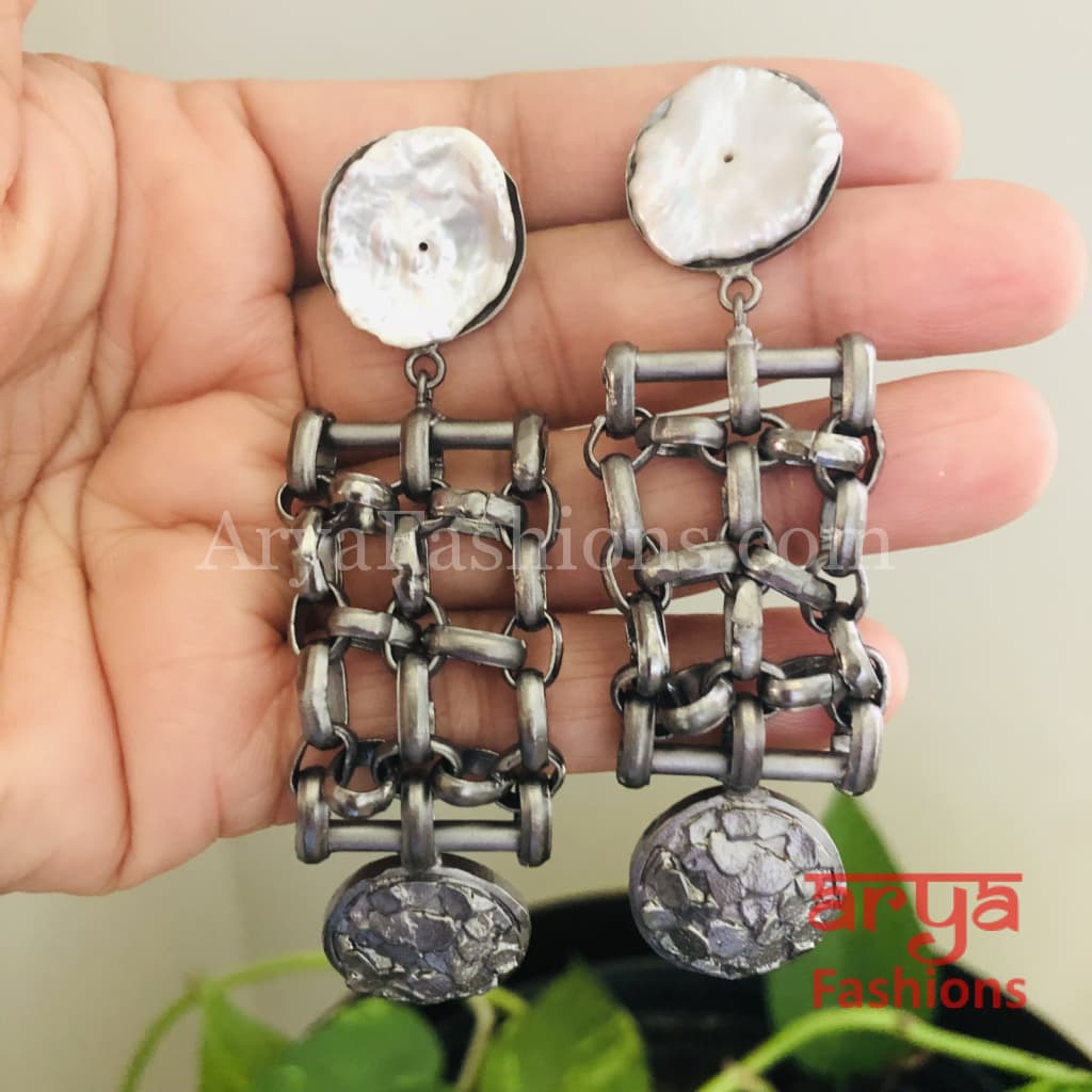 Misha Mother of Pearl Fusion Earrings/Geometrical Indo-Western Handmade Earrings