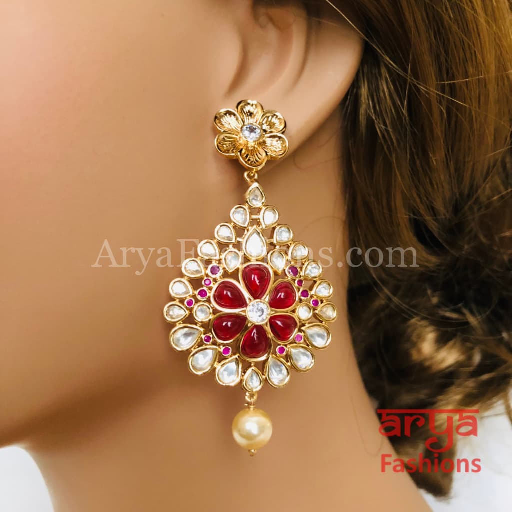 Mohini Ruby Kundan Pearl Bridal Chandbali Earrings