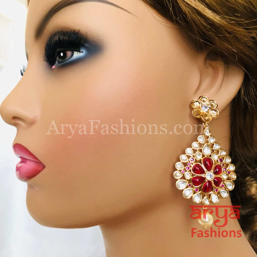 Mohini Ruby Kundan Pearl Bridal Chandbali Earrings