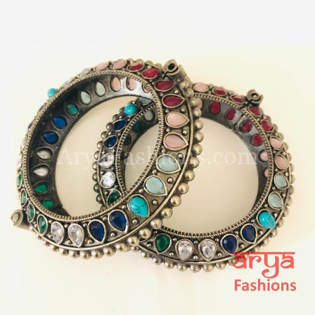 Multicolor Ethnic Silver Oxidized Bracelet/ Bracelet /Size 2.4 2.6