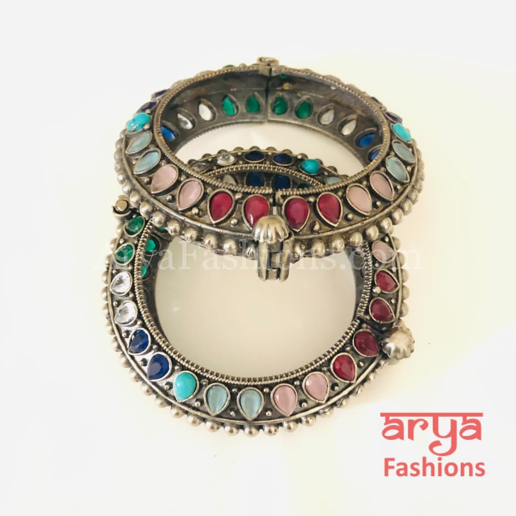 Multicolor Ethnic Silver Oxidized Bracelet/ Bracelet /Size 2.4 2.6