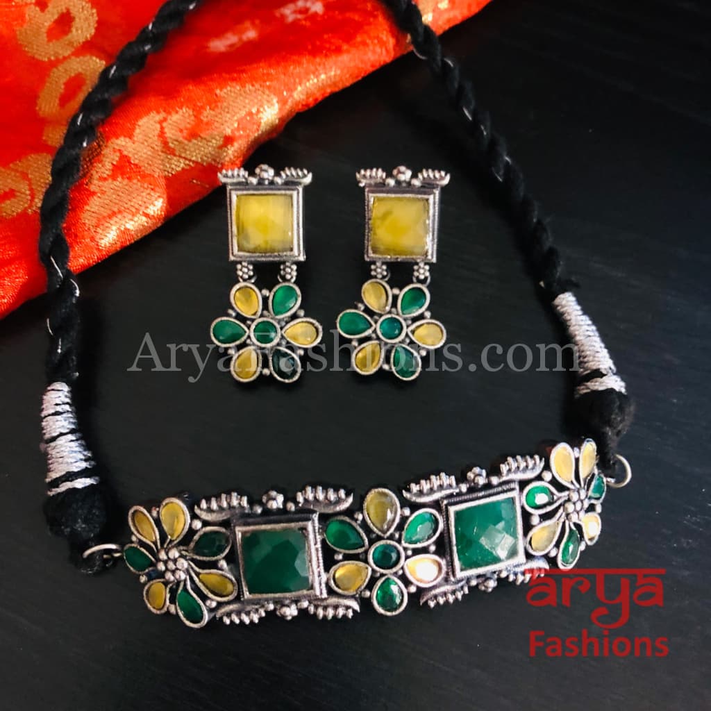 Multicolor Handcarved stone Silver Oxidized Choker