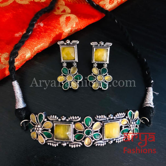 Multicolor Handcarved stone Silver Oxidized Choker