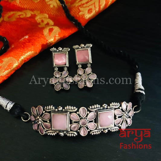 Multicolor Handcarved stone Silver Oxidized Choker