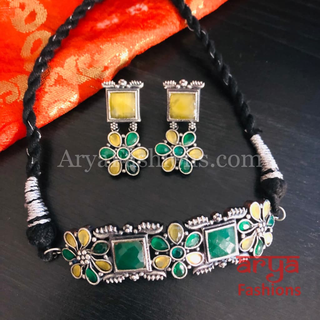 Multicolor Handcarved stone Silver Oxidized Choker