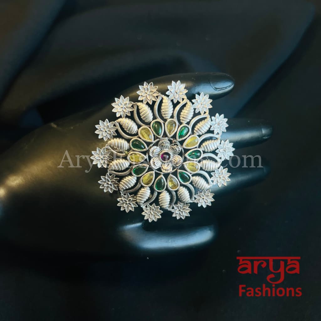 Multicolor Star Silver Oxidized Statement Ring