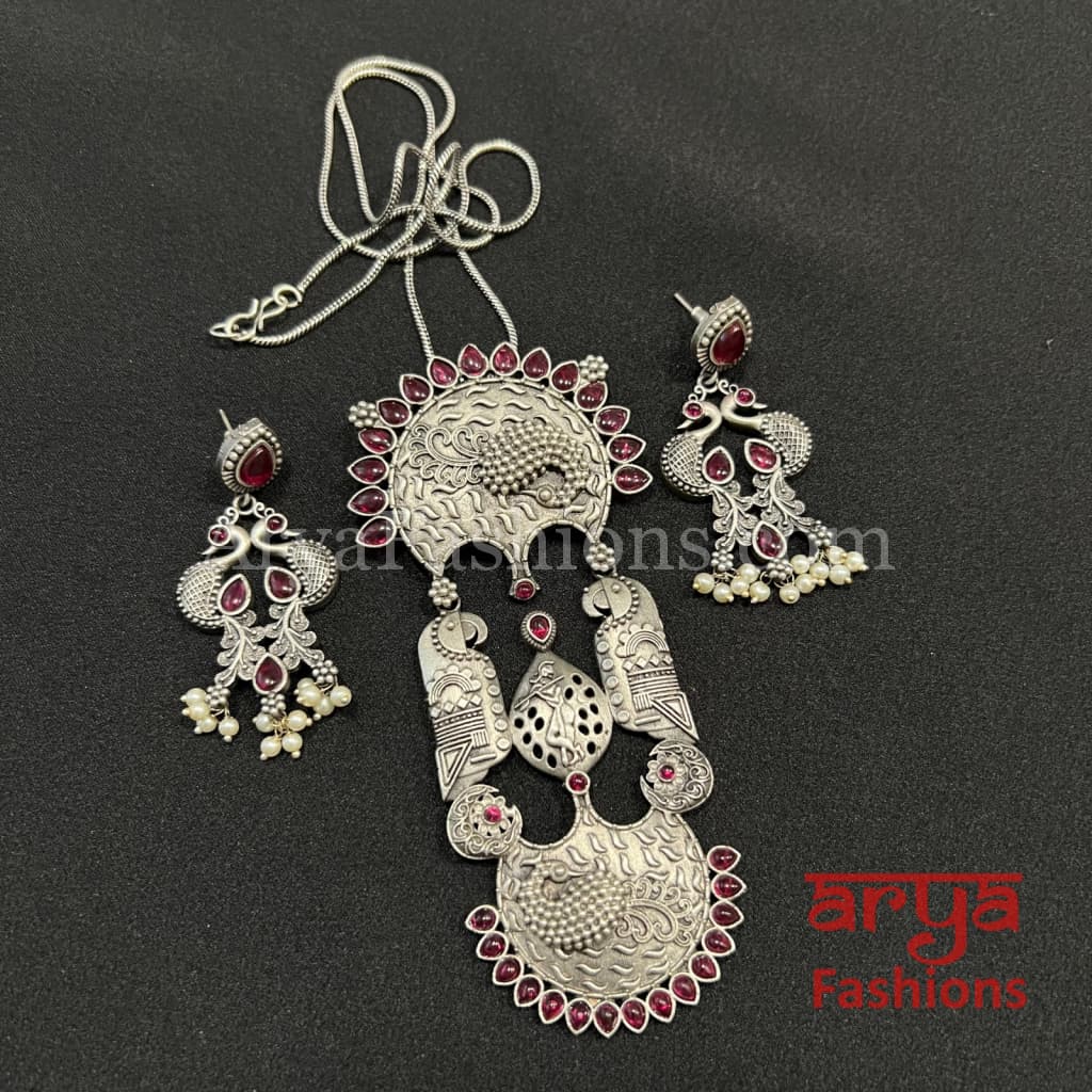 Multicolor Stone Oxidized Silver Pendant with Earrings