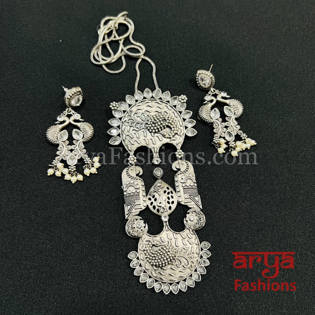 Multicolor Stone Oxidized Silver Pendant with Earrings