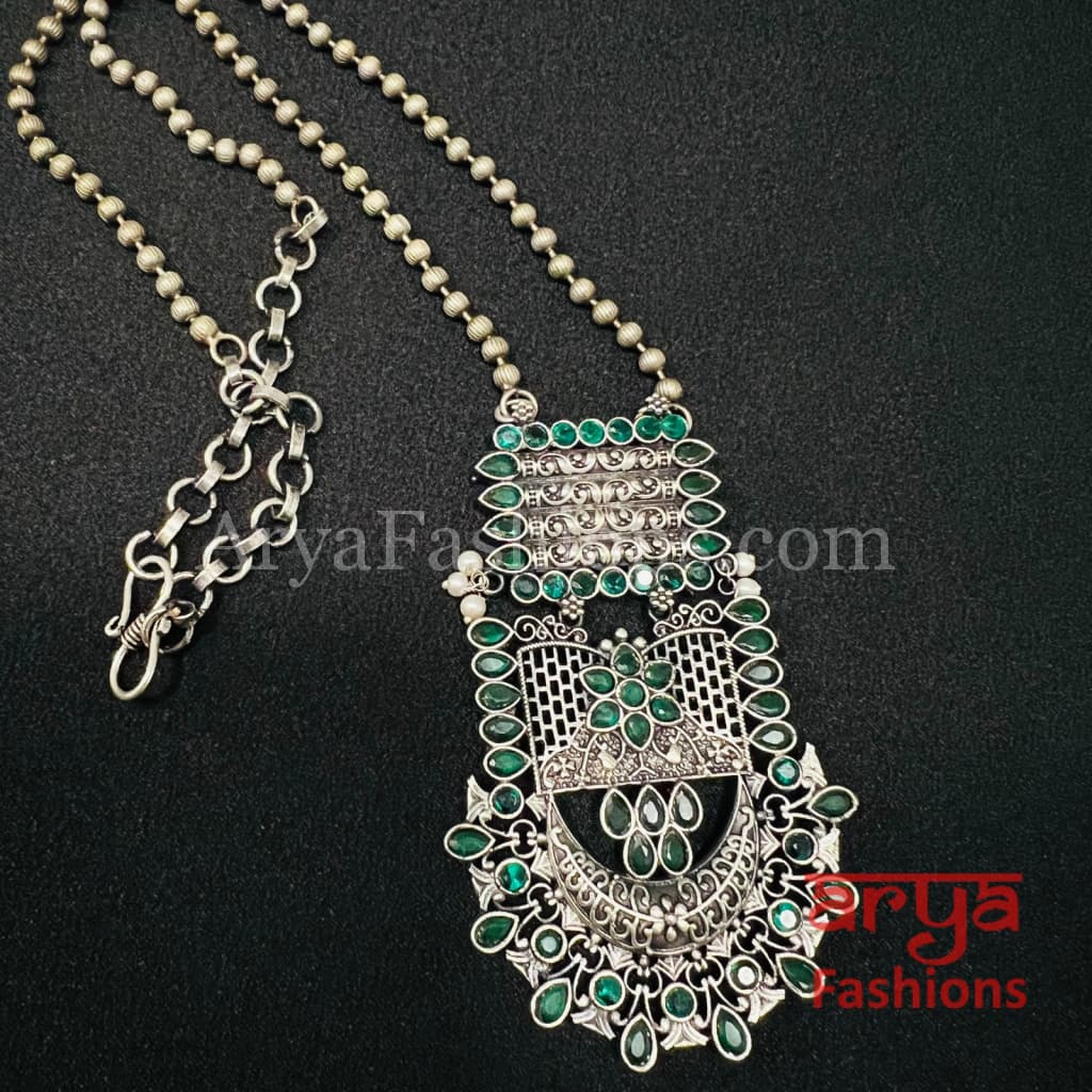 Multicolor Stone Oxidized Silver Pendant Handcarved Necklace