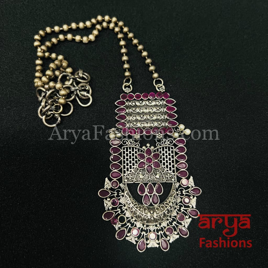 Multicolor Stone Oxidized Silver Pendant Handcarved Necklace