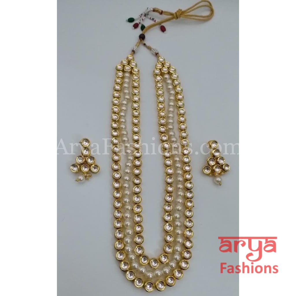 Multiple line Kundan and Pearl Long Necklace